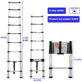 Telescoping Ladder, Portable Lightweight Folding Ladder, Multipurpose Aluminum Telescopic Ladder, Adjustable Height, 330lbs Max Capacity, 8.5FT/2.6M