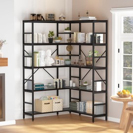 GarveeHome 5 Tier Corner Bookshelf, Industrial Bookshelves, L Shape Tall Bookcase with Storage with Heavy Duty Metal Frame for Bedroom Living Room Home Office