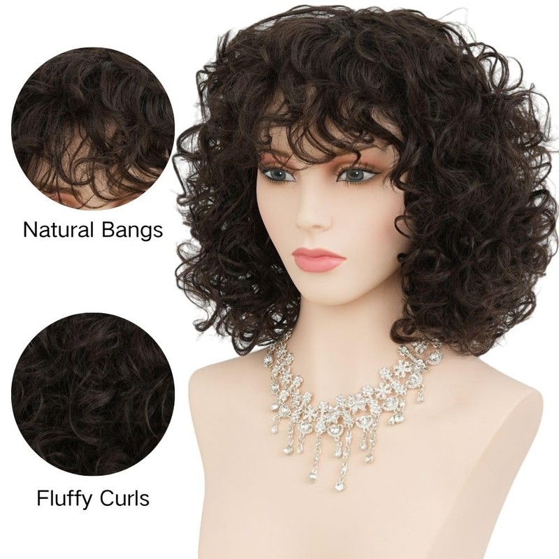 Dark Brown Short Curly Bob Wigs for Women Natural Wavy