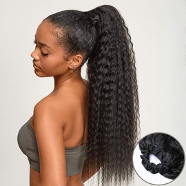 Frodio 100% Human Hair  Natural Black Boho curl Ponytail Hairstyle Extension Ponytail Wig Scrunchie Ponytail -Tiana - Length/inches: 22