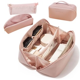 KNETAP 3 Set Makeup Bag- Large Capacity Travel Cosmetic Bag Plus Makeup Brush Holder Pouch, Open Flat Cosmetic Organizer Bag for Women, Portable PU Toiletry Bag Make Up Organizer (Pink)