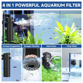 AQQA Aquarium Filter, 260GPH Submersible Fish Tank Filter with Dual Water Outlet & Aeration, Adjustable Air Flow Filter for 50-100 Gallon Tanks, Filtration Oxygenation Circulation Water Pumping (12W)