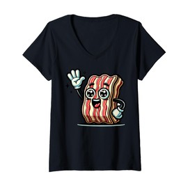 Womens Cartoon Bacon Character Waving And Smiling For Children V-Neck T-Shirt