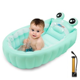 Relaxing Baby Inflatable Baby Bathtub,Newborn to Toddler Bath Tub with Built-in Air Pump,Portable Travel Shower Basin with Back Support,Foldable Toddler Tub Shower for Kids 0-6 Months(Frog)