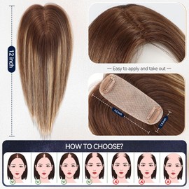 starluck Hair Toppers for Women Real Human Hair 4.5"*1.5"Silk Base ombre Brown balayage No Bangs 100% Real Human Hair Toppers for Women with ThinningHair Cover Gray Roots