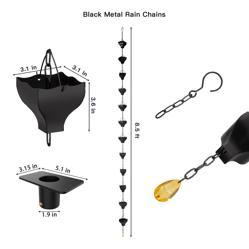 Rifachua 8.5ft Black Rain Chain for Gutters Downspouts Outside, Rain