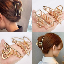 Hair Clips for Women, ICEBLUEOR 4 Styles Metal Big Hair Claw Clips for Thick Long Hair, Large Jaw Grip Clips, Butterfly Non-Slip Hair Clips Clamps with Teeth, Gold