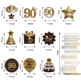 SZHUIHER Happy 90th Birthday Party Hanging Swirls Streams Ceiling Decorations, Celebration 90 Foil Hanging Swirls with Cutouts for 90 Years Old Black and Gold Birthday Party Decorations Supplies