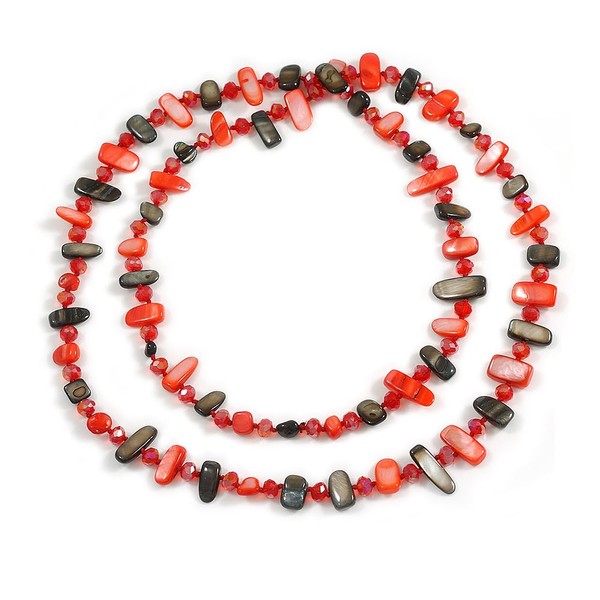 Avalaya Long Red/Black Shell Nugget and Red Faceted Glass Bead