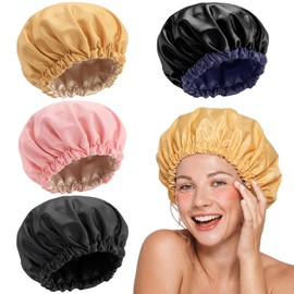 Janmercy 4 Pcs Shower Cap Satin Lined for Hair Protection Waterproof Reusable for Women Long Hair Bath Caps with Satin Interior