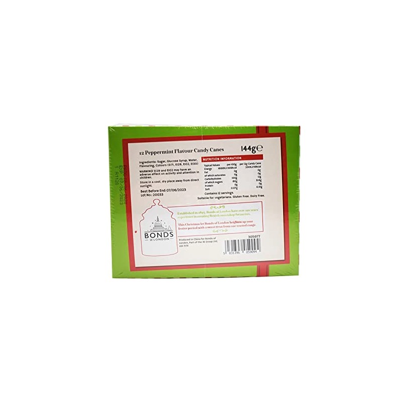 Bonds of London 12 Peppermint Flavour Candy Canes Box, 144