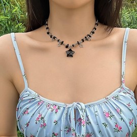Azusa Sun Black Star Charms Pendant Choker Y2K Healing Crystal Necklace Summer Jewelry with Silver Chains for Women