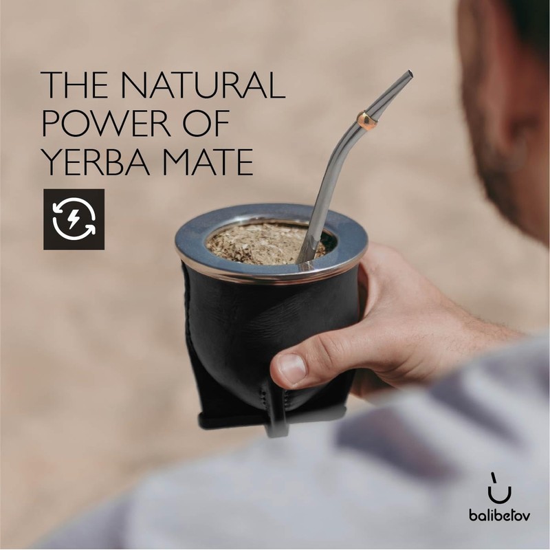 Leather Wrapped Handmade Mate Gourd Including Straw (Bombilla) (Black)
