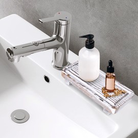 Gtencemen Small White Bathroom Decor Tray for Counter Dish Soap Holder Wooden Pedestal Stand for Kitchen Sink Soap Dispenser Tray Wood Risers Kitchen Accessories Countertop Vanity Counter Sink Tray