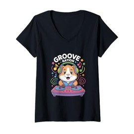 Womens Groove Nation Dj Hamster Music Beat Fun V-Neck T-Shirt