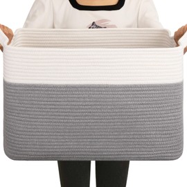OIAHOMY Large Blanket Basket, 65L Cotton Rope Woven Laundry Basket, Toy Bin for Baby Room, Container for Blanket Storage in Living Room, 20''×16''×12'', Grey & White