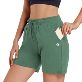 Ksmien Bermudas de algodón de punto para mujer con bolsillos profundos para mujer, sala de estar, caminar, correr, atletismo, Loden Frost, L