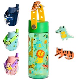 Elemental Water Bottles for Kids - Splash Kids Water Bottle for School with Fun Charm Handle - BPA Free Tritan Plastic Bottle with Straw Leak Proof When Spout is Closed - 18oz - Jungle Friend