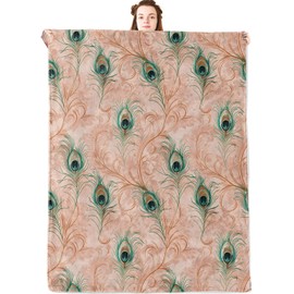 jwyta Elegant Peacock Feather Flannel Blanket,Vintage Green Plumage Throw,Lightweight Fleece Blankets for Women,Couch,Cabin,Bed,Camping Retro Nature Decor Gifts,60x50in