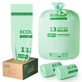ECOLipak 13 Gallon Compostable Trash Garbage Bags, 100 Count (2 Rolls) Biodegradable Heavy Duty Bathroom Kitchen Trash Bags for Home/Office, US BPI ASTM D6400 and OK Compost Home Certified