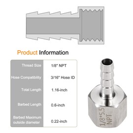 sourcing map 5pcs Stainless Steel Barbed Fitting 1/8" NPT Female to 3/16" Hose ID for Home Brew Pipe Fitting Direct Thread Connector Durable Construction