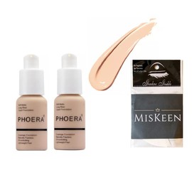 Phoera® Full Coverage Foundation Soft Matte Oil Control Concealer 30ml Flawless Cream Smooth Long Lasting + 1 Pair Eyeshadow Shields Miskeen (2 PCS SET) (F102 Nude 3pcs SET)