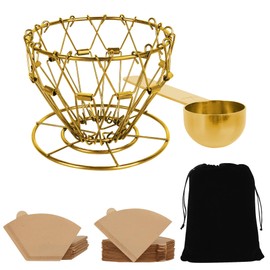 Stainless Steel Collapsible Coffee Dripper with Spoon and Coffee Filter Paper, Reusable Lightweight Coffee Filter for Camping Travel, Easy Storage with Drawstring Cloth Bag (Gold)