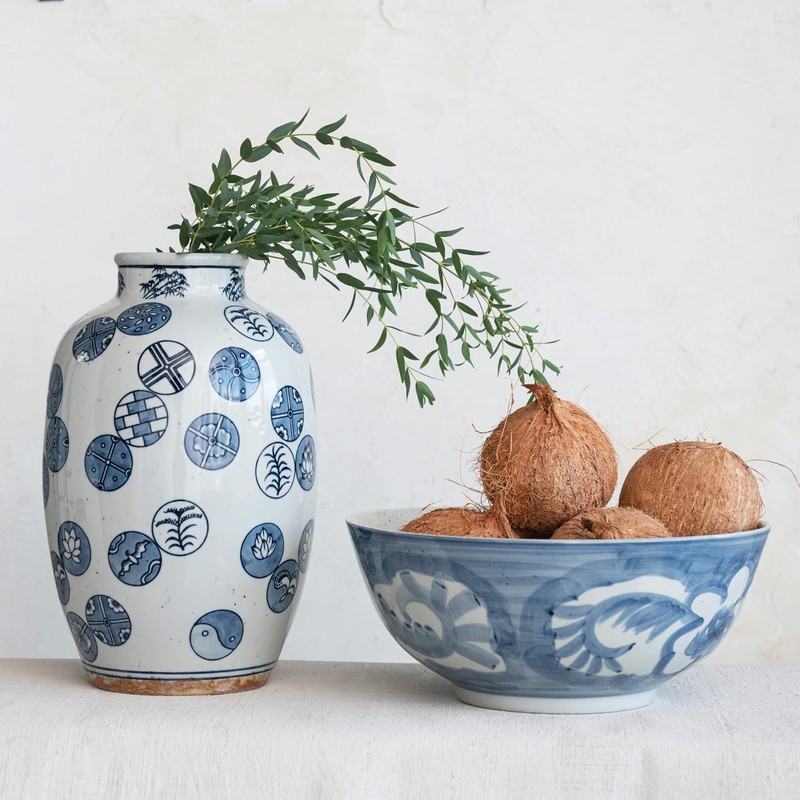 Creative Co-Op Hand Painted Stoneware Bowl with Floral Design, Blue