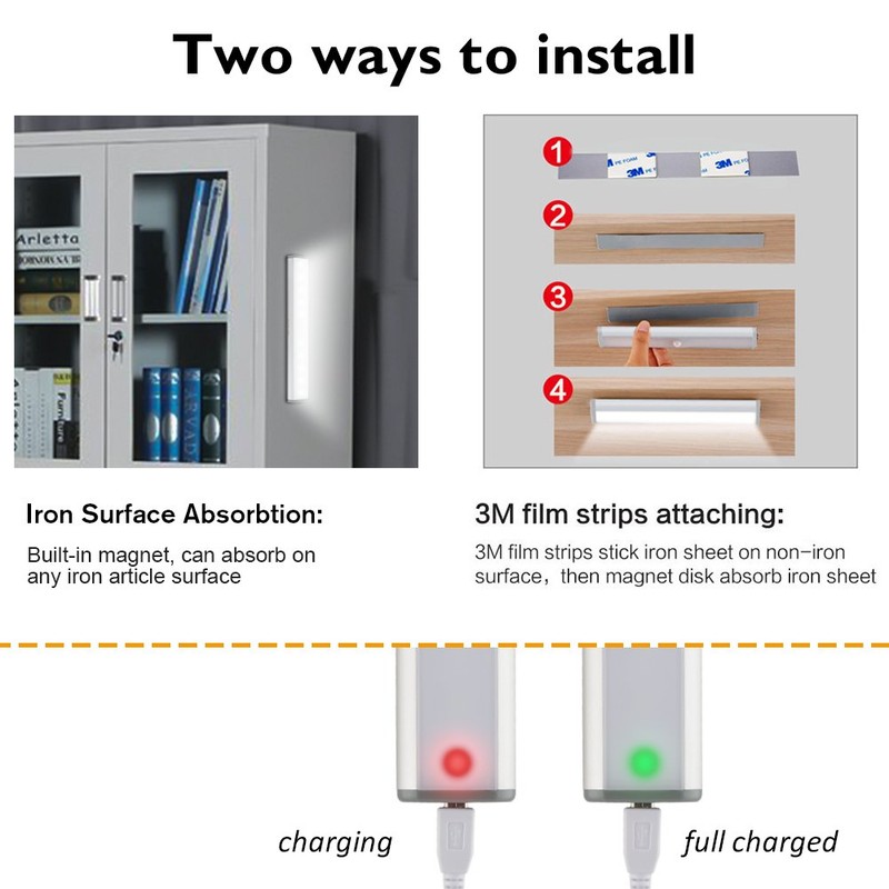 Wireless Motion Sensor Cabinet Lights 10-LED USB Rechargeable Closet Lights