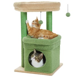 PEQULTI Cat Tree Cactus Cat Tower for Indoor Cats with Private Cozy Cat Condo, Natural Sisal Scratching Posts and Plush Pom-pom for Small Cats Green
