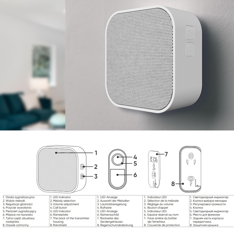 LED Wireless Doorbell IP55 230 V, 150 m, 36 Melodies,