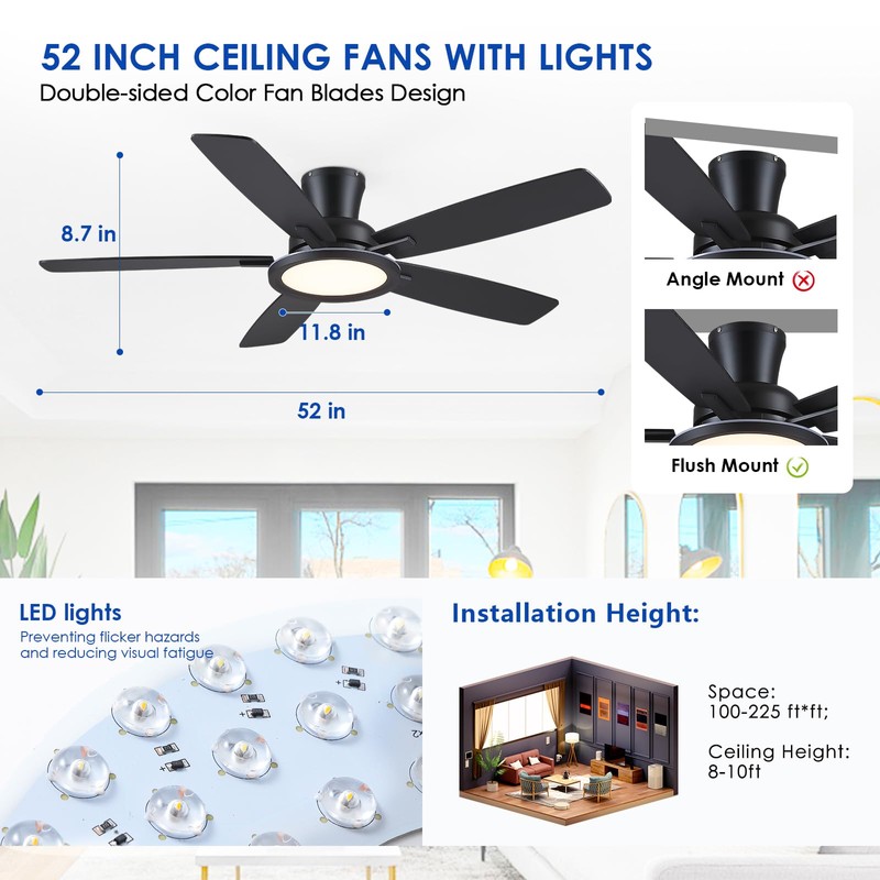 BYKISTOK 52" Flush Mount Ceiling Fan with Lights and Remote