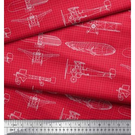 Soimoi Red Rayon Crepe Fabric Check & Airplane Transport Print Fabric by Yard 46 Inch Wide