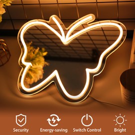 Butterfly Mirror Neon Sign Dimmable USB LED Neon Lights for Ideal Home Decor for Bedroom, Kidsroom, Living Room Parties, Christmas Birthdays Gifts for Girls Women, Boho Mirror Wall Sign Art Gift-White