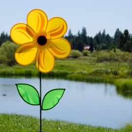 In the Breeze 2777 — 19-inch Yellow Sunflower Wind Spinner with Leaves — Colorful Flower for Yard and Garden