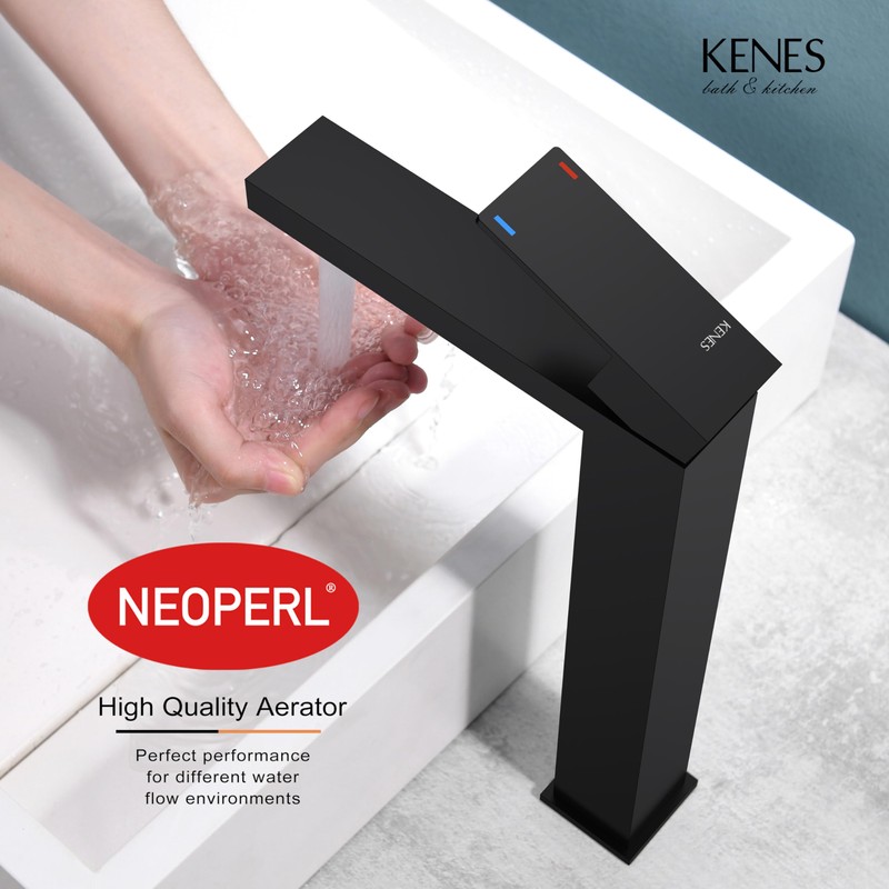 KENES Matte Black Bathroom Faucet Single Handle Tall Vessel Sink