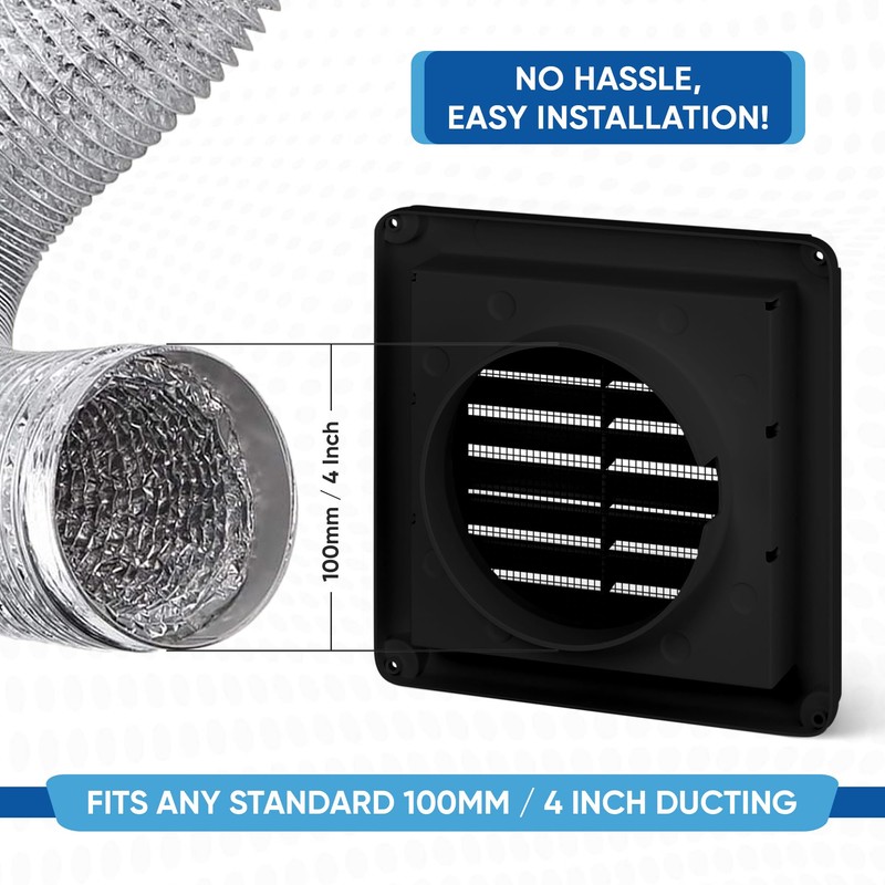 100mm (4 Inch) Square Vent Cover - Black 155mm x