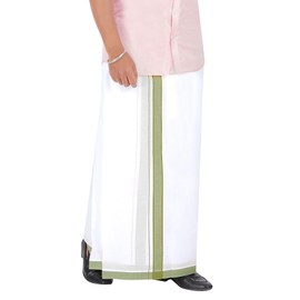 Stylesindia Cotton Dhotis for Men with Gold Zari Border | White Adjustable Dhoti with Pocket | Cotton Vesti Mundu (Olive, Double Layer / 8 Mulam)