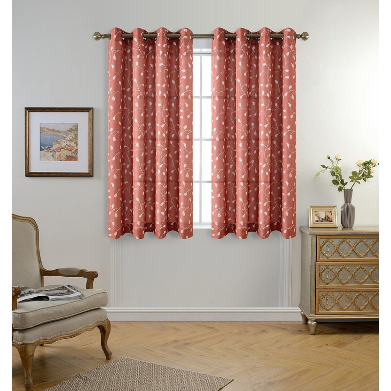 MIUCO Floral Embroidered Semi Sheer Curtains Faux Linen Grommet Window