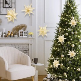 6 Pieces Beige Christmas Paper Star 5 Inch Xmas Hanging Star Ornaments Paper Snowflake Decorations for Little Christmas Tree Tiered Tray New Year Weddings Birthday Holiday Party Home Decor