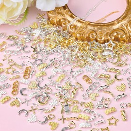 222pcs Y2K Metal Moon Star and Chain Nail Charms Kit, Golden Silver Alloy Ring Chain Heart Love Moon Star Nail Art Decoration Manicure (5-K5-222pcs)