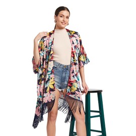 SCARF & SHORE Resort Wear Women's Floral Print Kimono with Fringe – Trendy Swimsuit Coverup, Boho Beachwear, Vacation Cruise Outfit, Lightweight Summer Cardigan, Hawaiian Swim Up Resort Attire