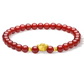 24K Gold Stretch Bracelet Lucky Fu Ingot Rose Flower Charm Gold Red Agate Beads Bracelets with Jewellery Box for Women Men Couple Lover Anniversary Birthday 17 cm, Yellow Gold, Yellow Gold