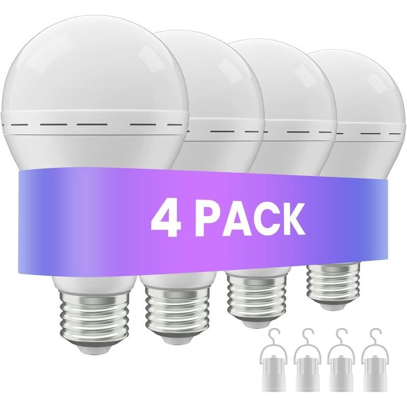 4 Pack Rechargeable Emergency Light Bulbs A19, Camping Lamp Battery