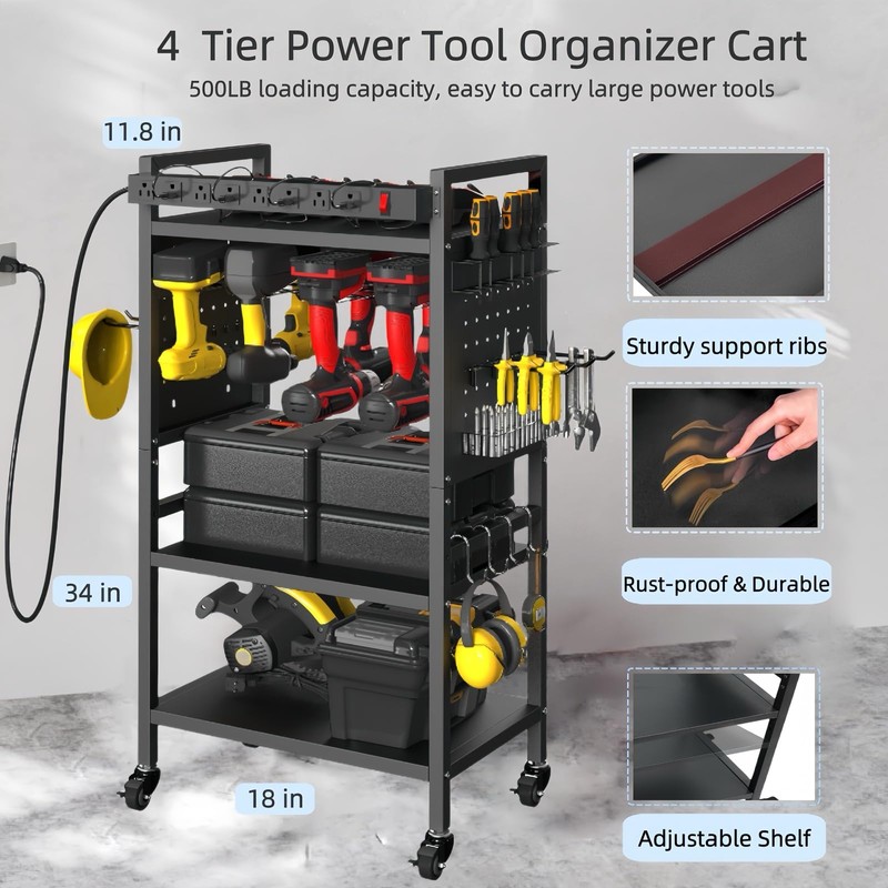 zsttion Power Tool Organizer Cart with Charging Station, 4-Tier Rolling