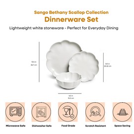 Sango 12 Pieces Stoneware Dinnerware Set, Modern Reactive Blue Dishes for 4, Premium Serving Plates and Bowls Sets, Chip Resistant Plate, Ceramic Dishware, Kitchen Dish Set, Scallop Dining Ware, Frill