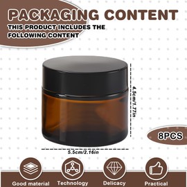 SPORWAY Pack of 8 Cosmetic Jars, 50 ml Amber Glass, Empty Jar, Cream Jar, Cosmetic Container, Ointment Jar, Refillable Sample Pots with Lid and Liner for Cosmetics, Creams, Lotions, Essential Oils