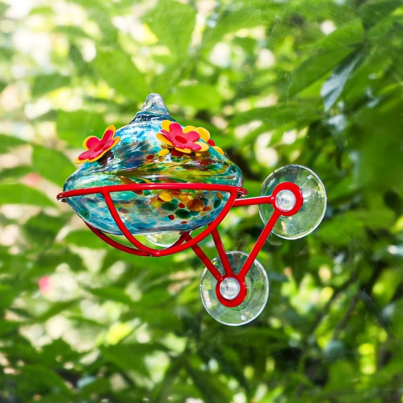 Window Hummingbird Feeder - Hand Blown Glass Mounted Hummingbird Feeder