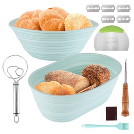 Banneton Bread Proofing Basket For Bread Baking Supplies,9 Inch Round & 10 Inch Oval Sourdough Proofing Basket, Sourdough Starter Kit Include Bread Lame Dough Scraper Oiling Brush (Green)