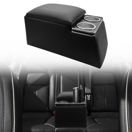 TENGBASE Universal Truck Seat Organizer, Black Storage Box with 2 Cup Holders, Armrest & Padded Lid for Car Organization - Fits SUV & Pickup